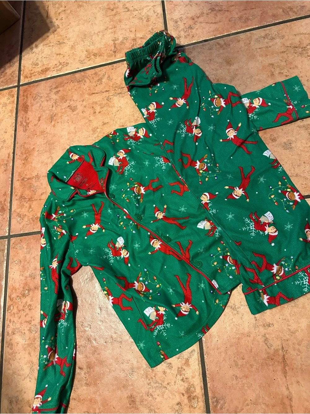 Kids Green Elf Print Fleece Pajama Set